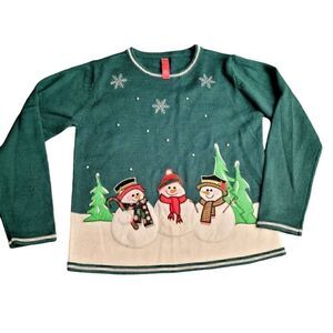 Ugly Holiday Sweater with Three Friendly Snowmen Pearls and Silver Metallic Trim